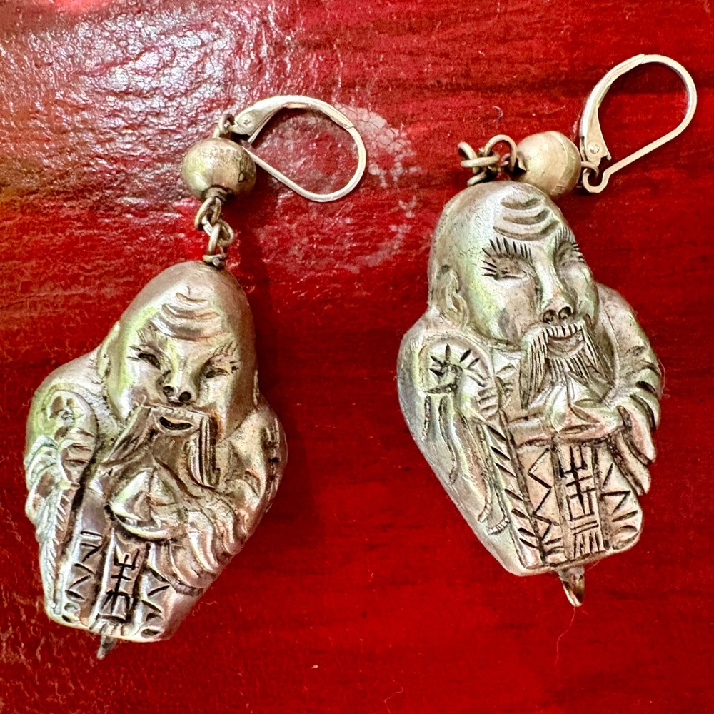 Vintage Sterling Silver double sided Buddha dangle earrings